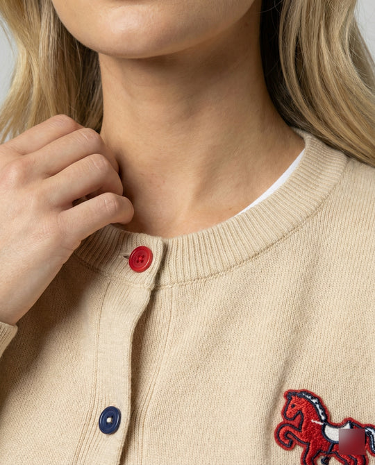 Damen Feinstrickcardigan mit Rundhalsausschnitt, geripptem Saum und Pferde-Applikation EB