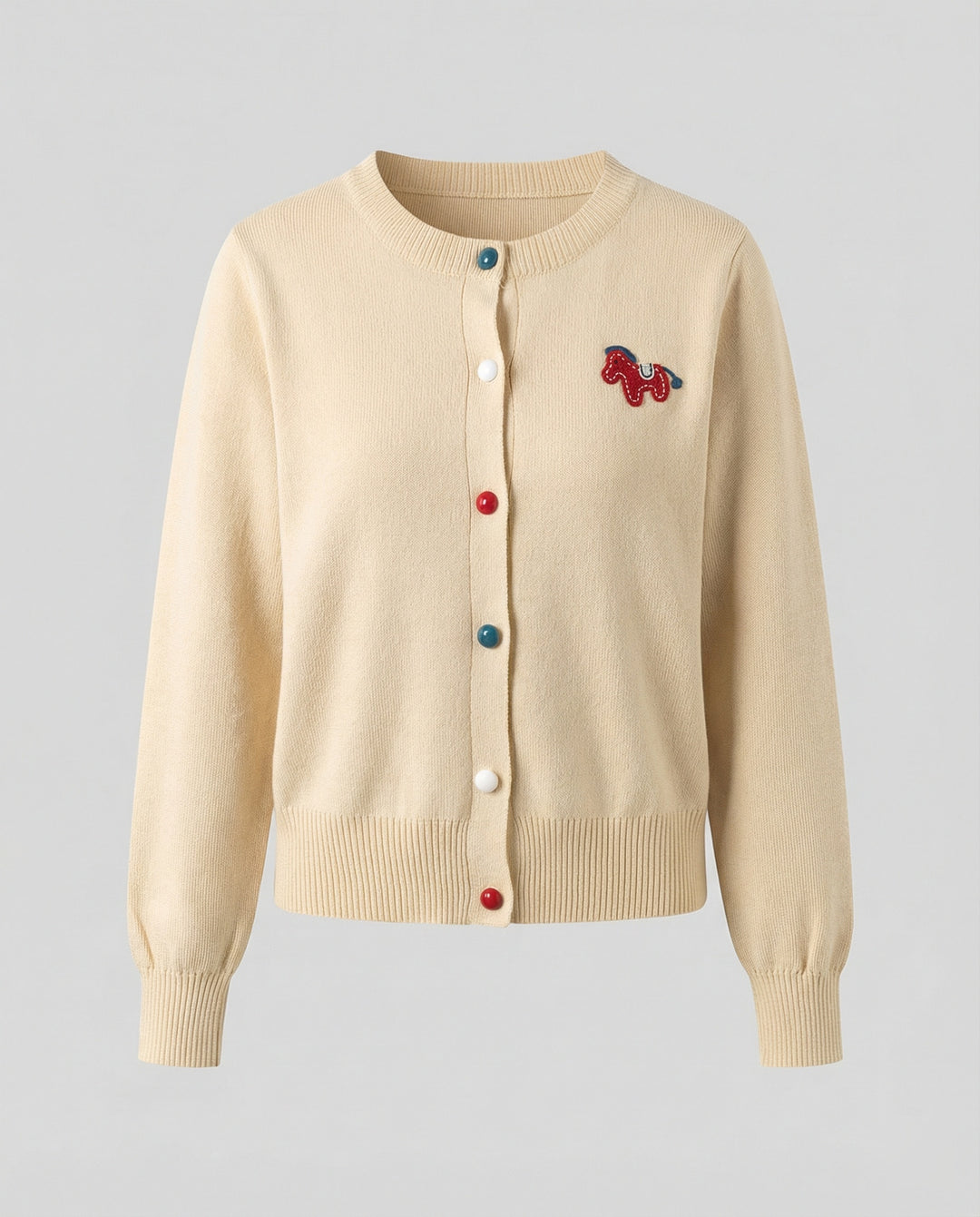 Damen Feinstrickcardigan mit Rundhalsausschnitt, geripptem Saum und Pferde-Applikation EB