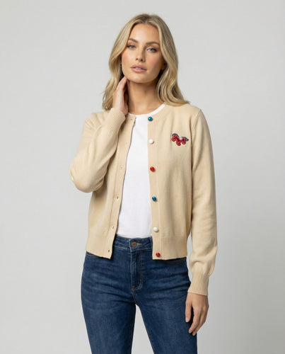 Damen Feinstrickcardigan mit Rundhalsausschnitt, geripptem Saum und Pferde-Applikation EB