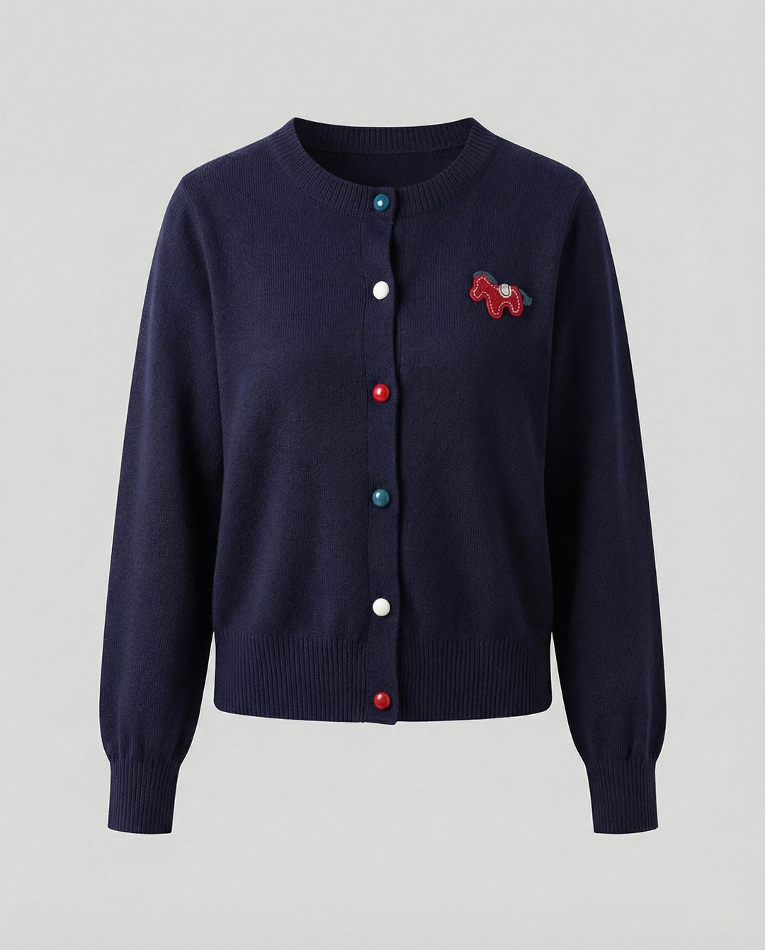 Damen Feinstrickcardigan mit Rundhalsausschnitt, geripptem Saum und Pferde-Applikation EB