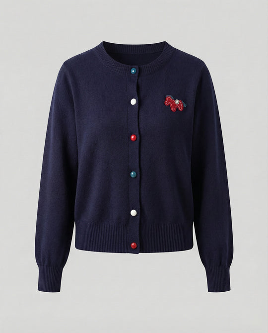 Damen Feinstrickcardigan mit Rundhalsausschnitt, geripptem Saum und Pferde-Applikation EB