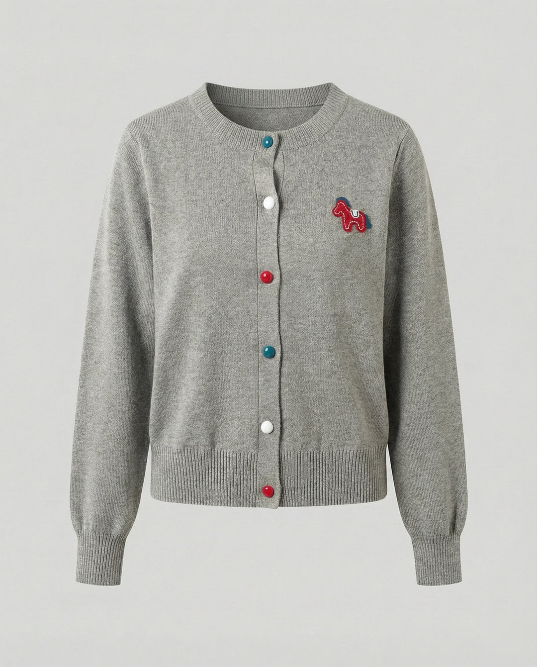 Damen Feinstrickcardigan mit Rundhalsausschnitt, geripptem Saum und Pferde-Applikation EB