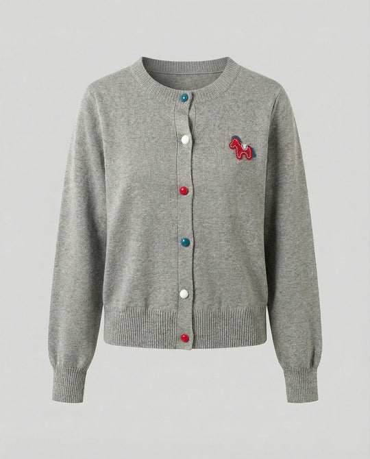 Damen Feinstrickcardigan mit Rundhalsausschnitt, geripptem Saum und Pferde-Applikation EB