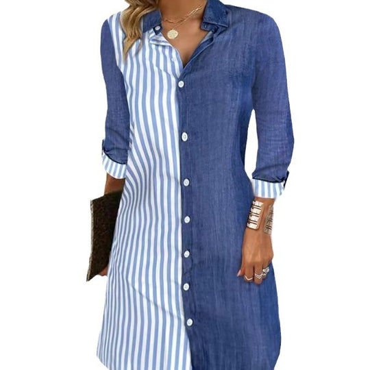 Damen Hemdblusenkleid mit diagonalen Streifen und klassischen Knöpfen EB