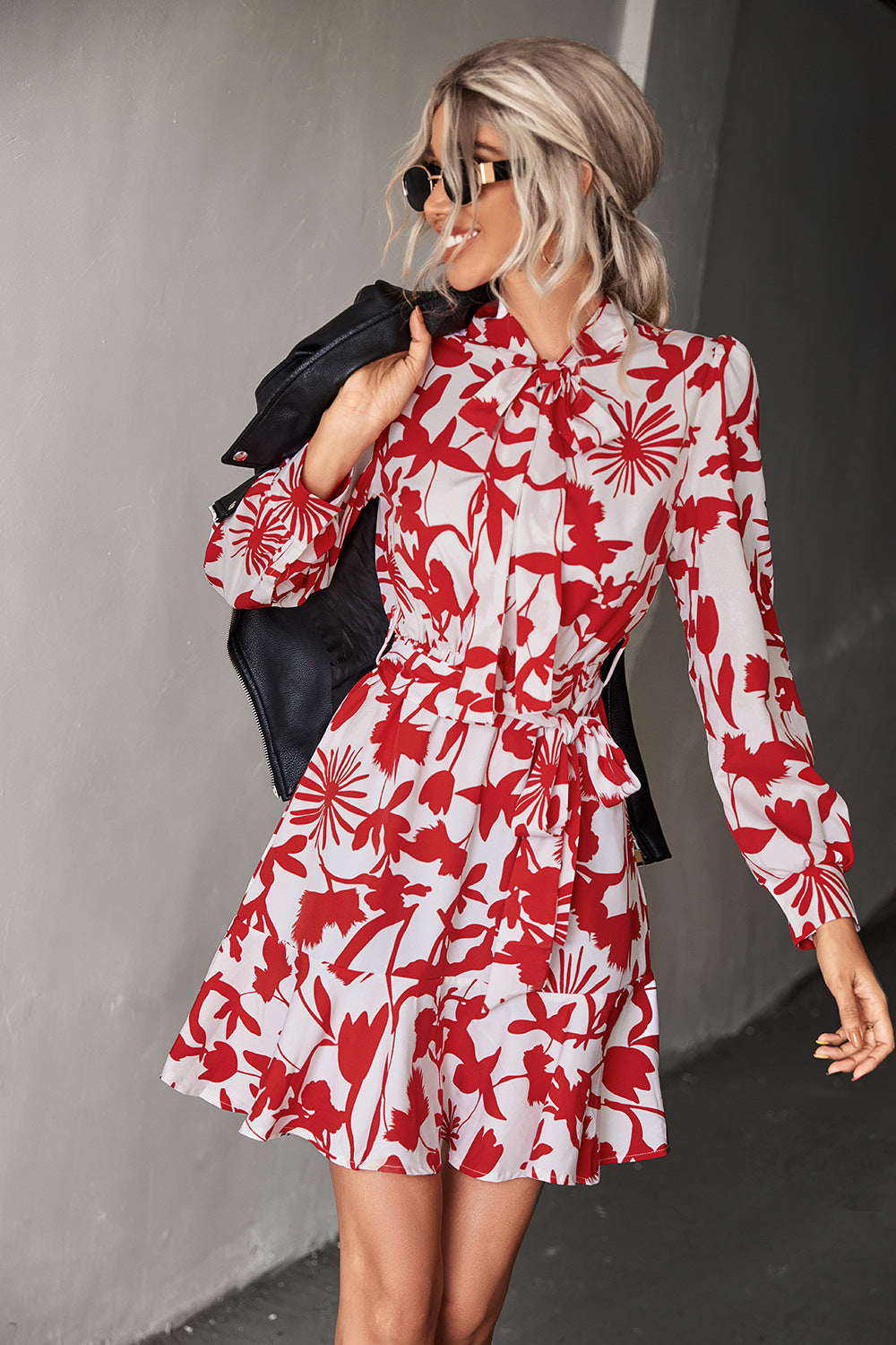 Damen Kleid mit hochgeschlossenem Kragen und modischem Blumendruck EB