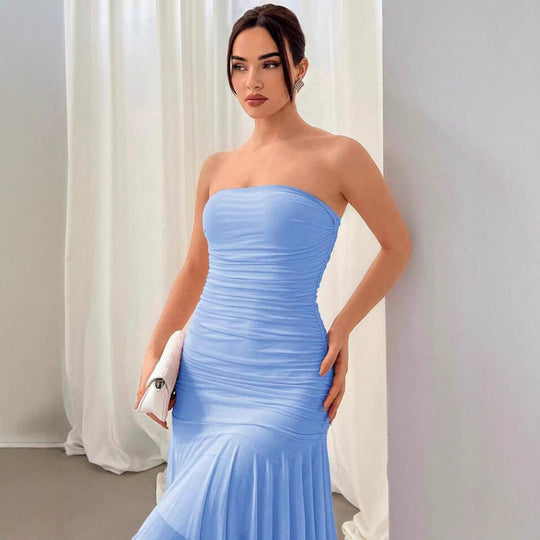 Damen Extravaganter Maxikleid mit Raffungen und asymmetrischem Saum EB