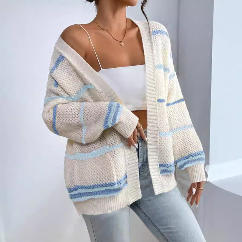 Damen gemütlicher Strickcardigan mit bunten Streifen EB