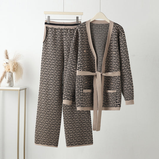 Damen lässiges Strick-Loungewear-Set mit geometrischem Muster EB