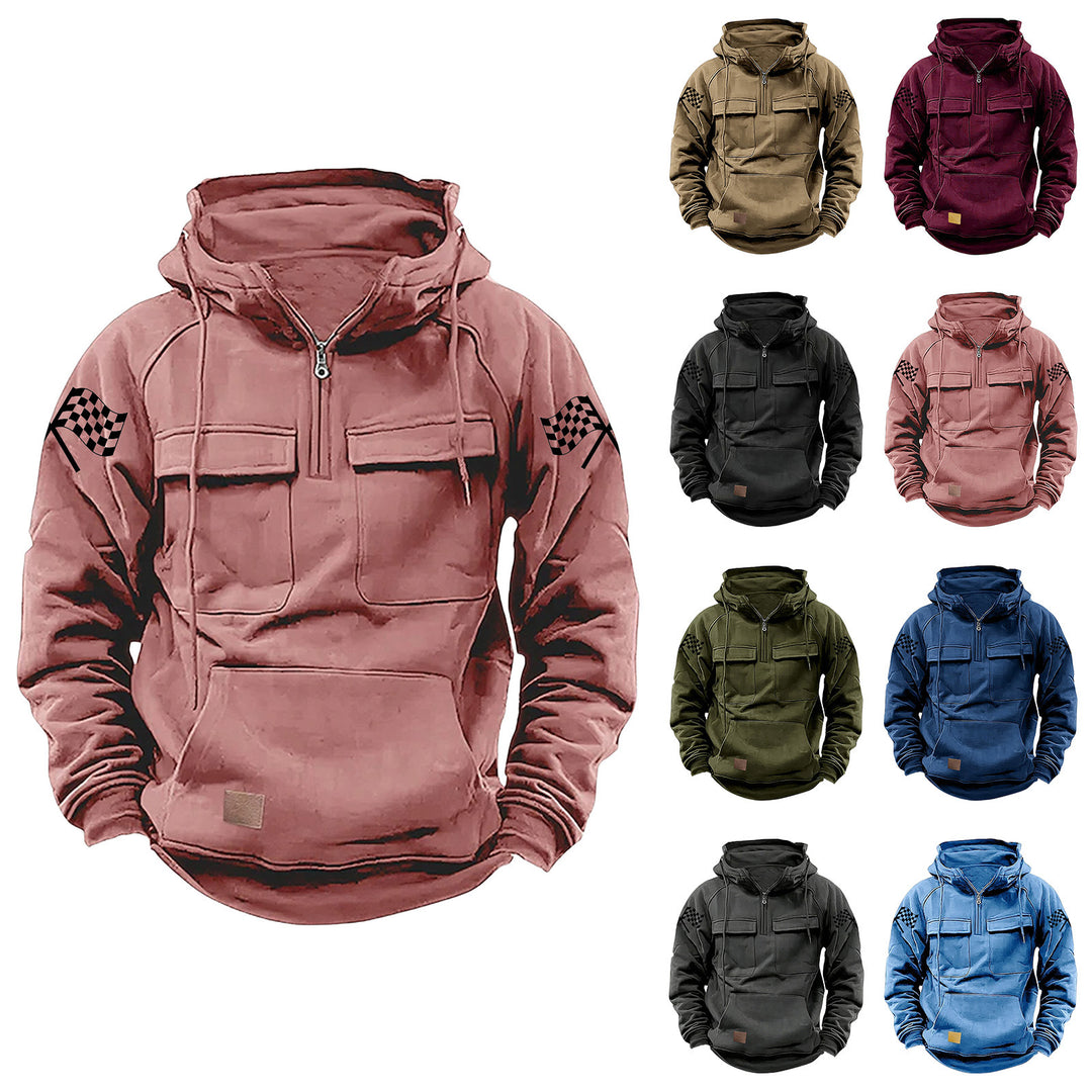 Herren nan Kapuzenpullover mit Halbzip, Cargo-Brusttaschen und Kängurutasche EB
