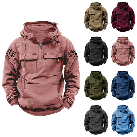 Herren nan Kapuzenpullover mit Halbzip, Cargo-Brusttaschen und Kängurutasche EB