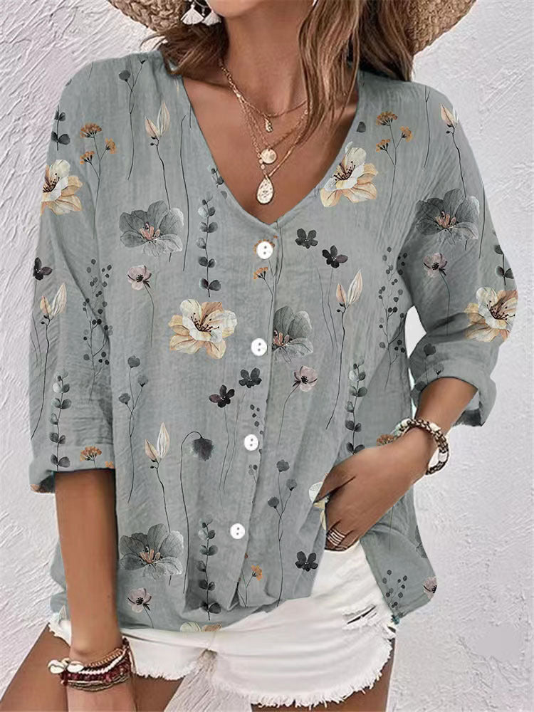 Damen lässige Bluse mit floralem Design und modernen Knopfdetails EB