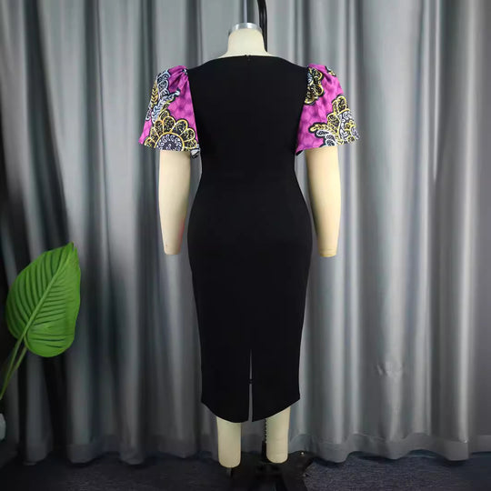 Damen Elegantes Etuikleid mit buntem Mustermix und Puffärmeln EB