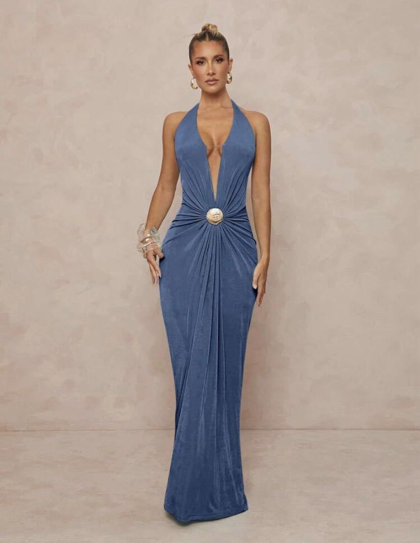 Damen Glamouröses Abendkleid mit tiefem V-Ausschnitt und eleganter Drapierung EB