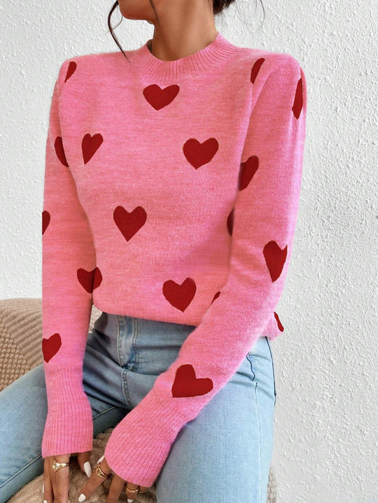 Damen nan kaschmirähnlicher Feinstrickpullover mit Allover-Herzmotiv, Rundhalsausschnitt und verlängerten Bündchen EB