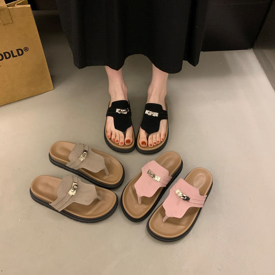 Damen Komfortable Zehentrenner-Sandalen mit ergonomischem Fußbett und dekorativer Schnalle EB