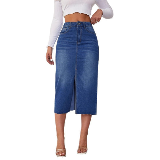 Damen Midi-Denimrock mit Schlitz und lässigem A-Linien-Schnitt EB