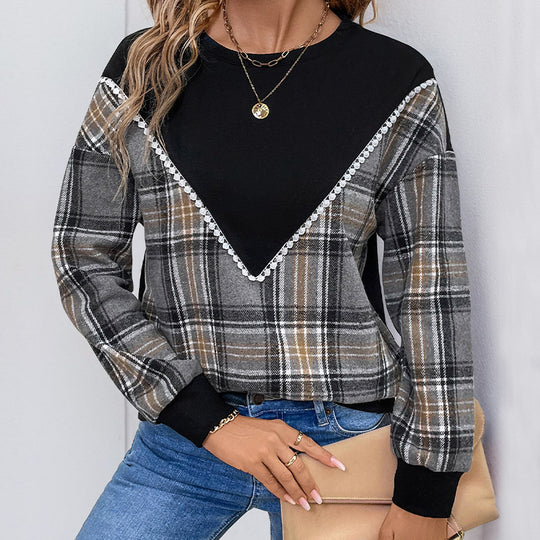 Damen bequemer Karopullover mit dekorativem V-Ausschnitt und elastischen Bündchen EB