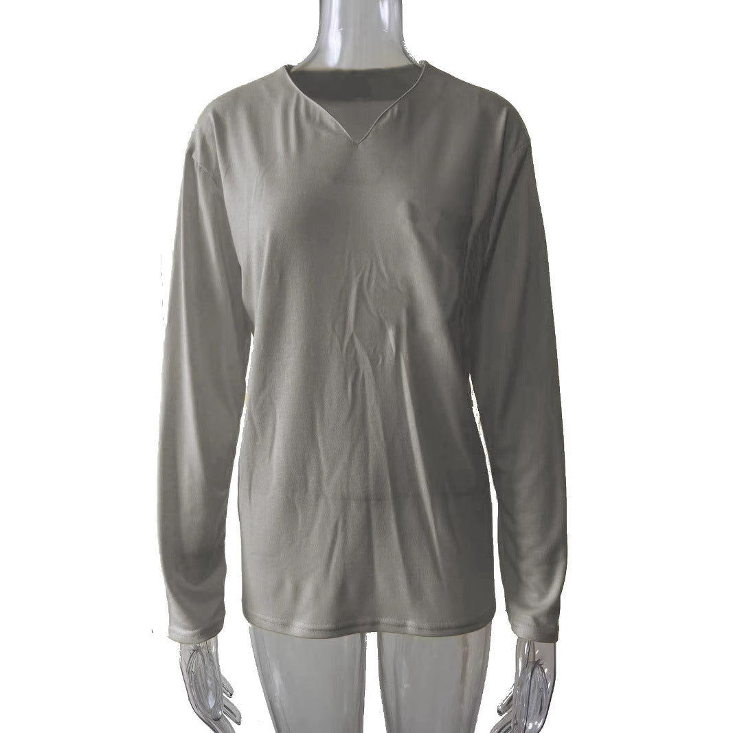 Damen nan legeres Langarmshirt mit V-Notch-Ausschnitt, Brusttasche und lockerer Oversize-Passform EB