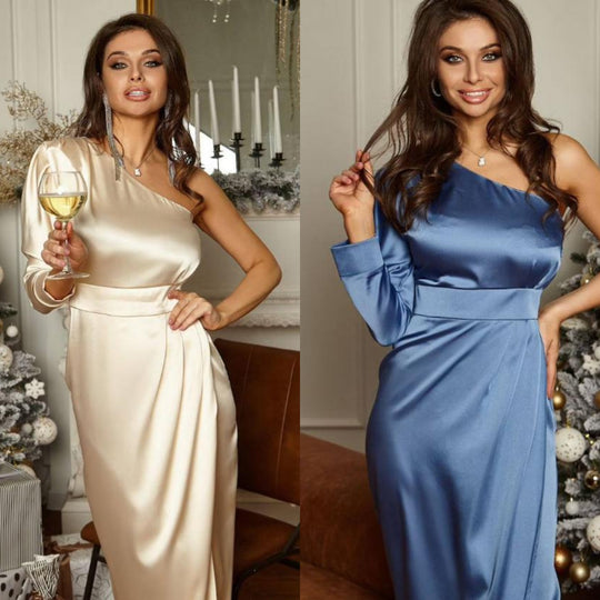 Damen Satin Abendkleid mit asymmetrischem Ausschnitt und eleganter Drapierung EB