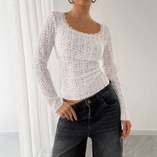 Damen nan figurbetontes Spitzen-Ajour-Langarmshirt mit Quadratausschnitt EB