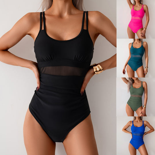 Damen Einteiler Badeanzug mit transparenten Einsätzen und sportlichem Schnitt EB