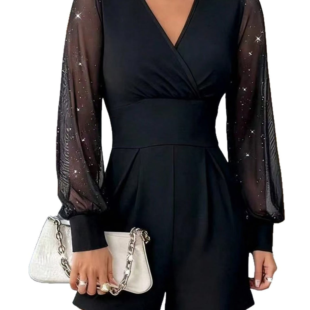 Damen eleganter Jumpsuit mit transparenten Puffärmeln und V-Ausschnitt EB