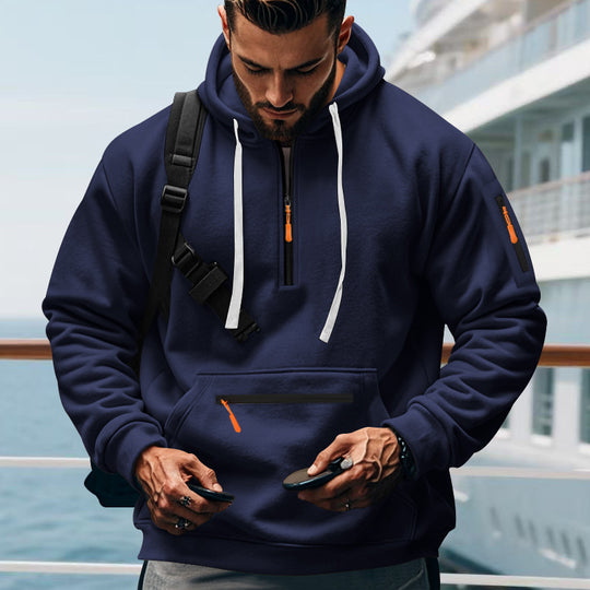 Herren nan technischer Halbzip-Outdoor-Hoodie mit verdeckter Kängurutasche, Reißverschluss-Ärmeltasche und integriertem Kabelkanal EB