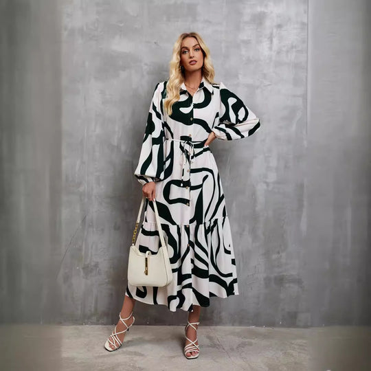Damen Langarm Kleid mit raffiniertem Grafikdesign und elegantem Taillengürtel EB