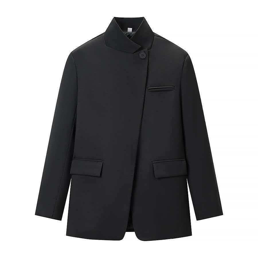 Damen nan taillierter Karo-Mantelblazer mit Stehkragen, asymmetrischer Knopfblende und Pattentaschen EB