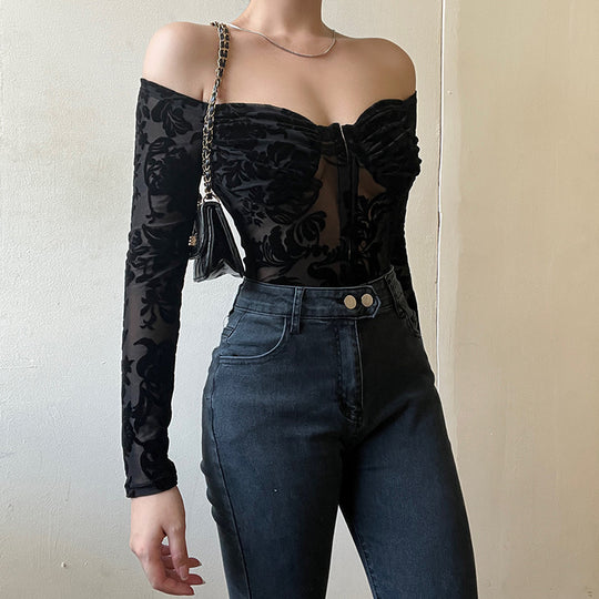 Damen Spitzenbustier mit schulterfreiem Design und langen Ärmeln EB