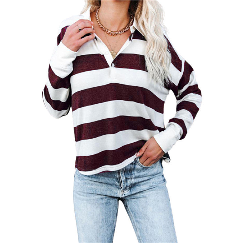 Damen lässiges Langarmshirt mit Streifenmuster und Knopfleiste EB