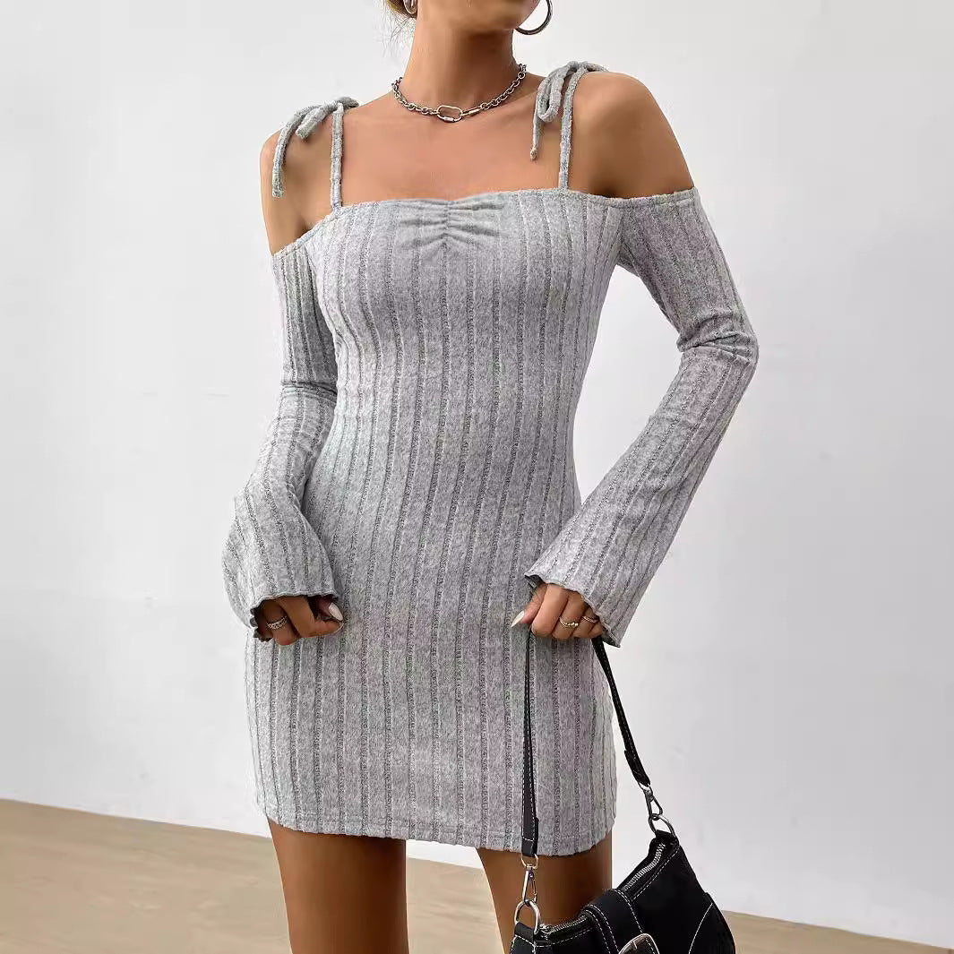 Damen geripptes One-Shoulder-Strickminikleid mit Bindeträgern taillierter Bodycon-Passform Eichborn Berlin