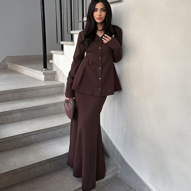 Damen Elegantes Deux-Pieces-Anzugset mit schwingendem Oberteil und bodenlangem Rock EB