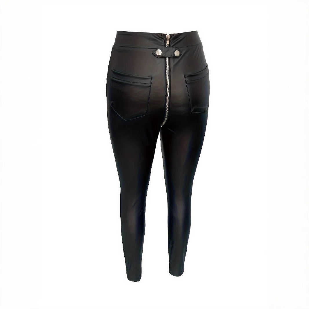 Damen Modische Kunstlederleggings mit Reißverschluss und Taillierung EB