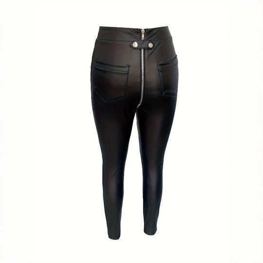 Damen Modische Kunstlederleggings mit Reißverschluss und Taillierung EB