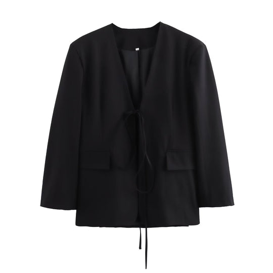 Damen nan kastenförmiger Blazer mit tiefem V-Ausschnitt, Bindebandverschluss und Pattentaschen EB