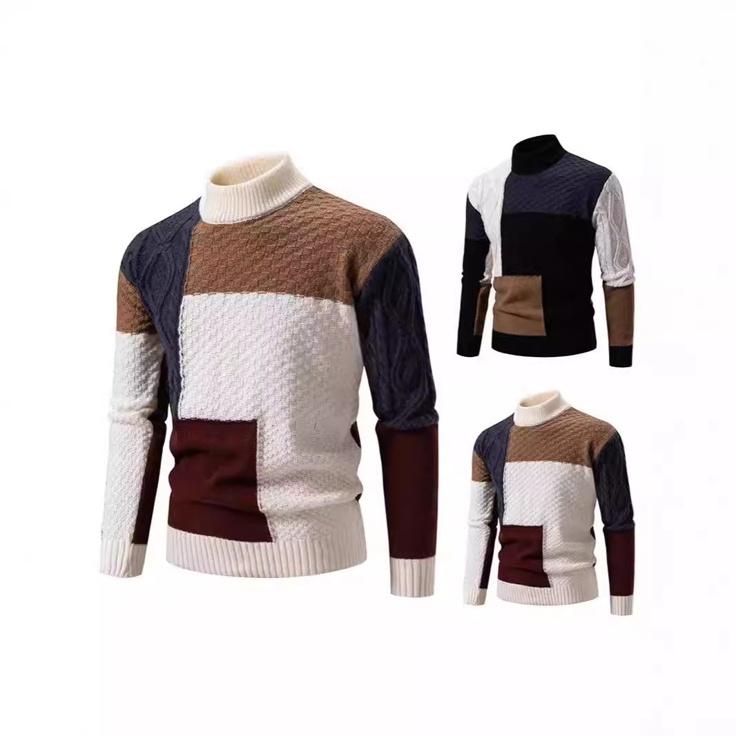 Herren modischer Strickpullover mit kreativem Farbblockdesign und hohem Kragen EB