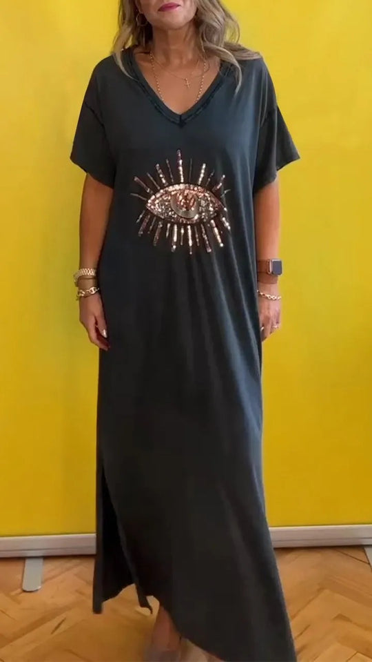 Damen strandliches Maxikleid mit funkelndem Augendesign EB
