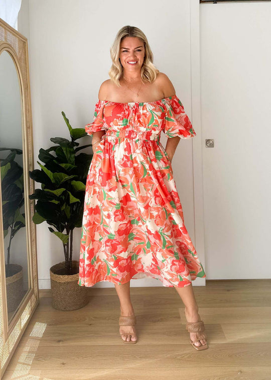 Damen Off-Shoulder Maxikleid mit floralen Mustern und elastischem Bund EB
