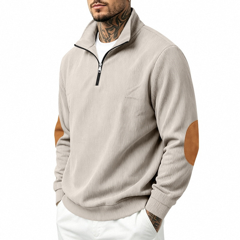 Herren nan Halbzip-Sweatshirt mit Stehkragen, feiner Waffelstruktur und Lederoptik-Ellenbogenpatchs EB
