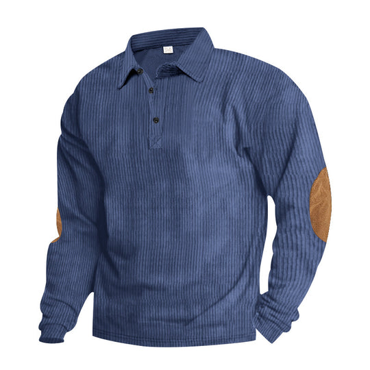 Herren nan schwerer gerippter Baumwoll-Polo-Pullover mit Kentkragen dreifach-Knopfleiste und Wildleder-Ellenbogenpatches EB