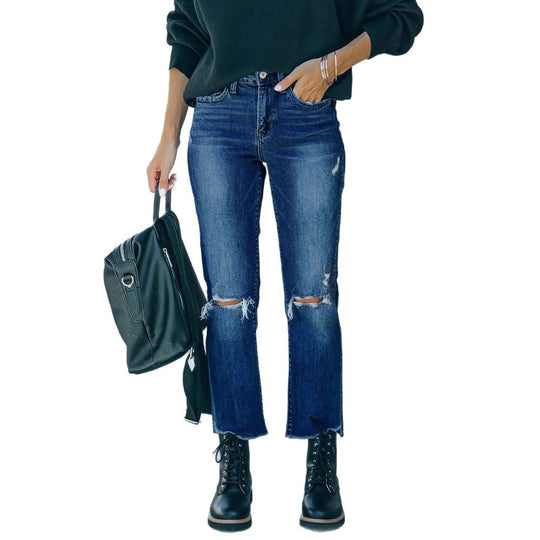 Damen Cropped Jeans mit modischen Rissen und lässigem Saum EB