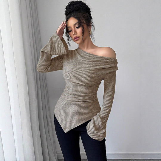 Damen elegantes Ripp-Oberteil mit asymmetrischem Saum und schulterfreiem Design EB