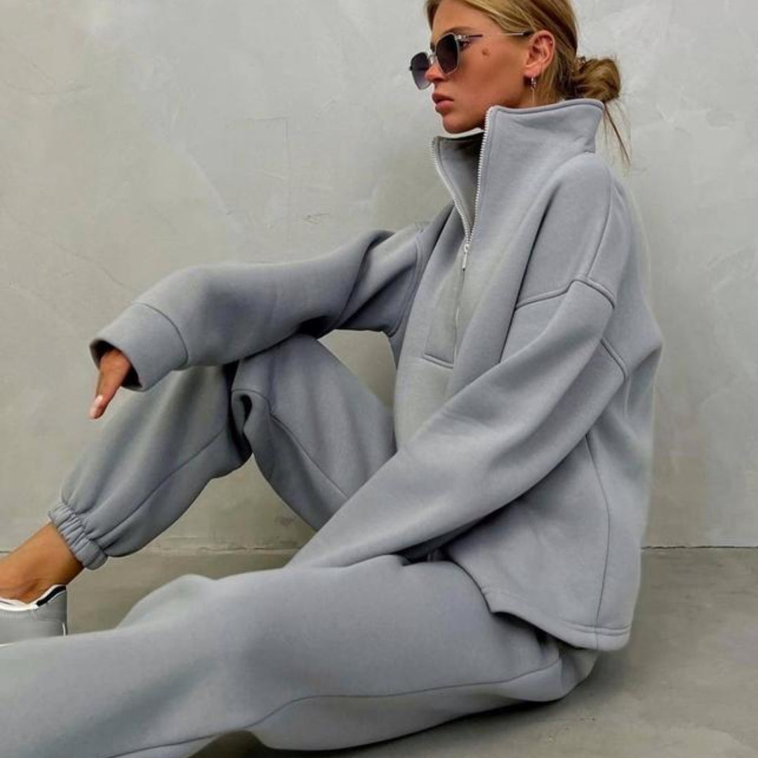 Damen nan weiches Oversize-Halbzip-Loungewear-Set mit hohem Stehkragen und taillierter Jogginghose EB
