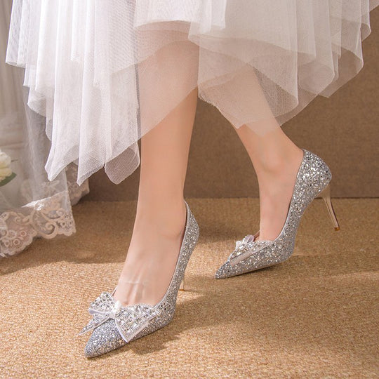 Damen glamouröse Glitzerpumps mit funkelndem Schleifenakzent EB