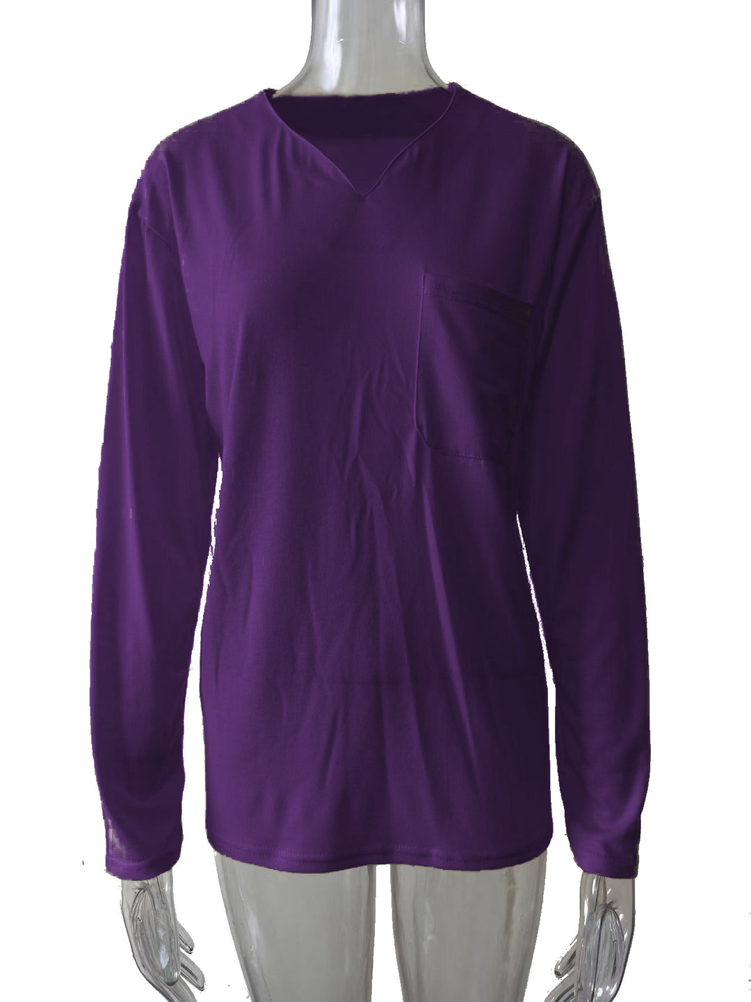 Damen nan legeres Langarmshirt mit V-Notch-Ausschnitt, Brusttasche und lockerer Oversize-Passform EB