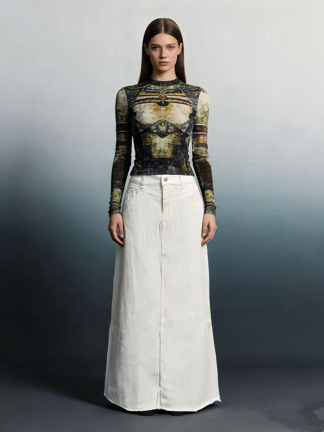 Damen nan langer High-Waist Denim-Maxirock mit gerader Silhouette und rohem Saum EB