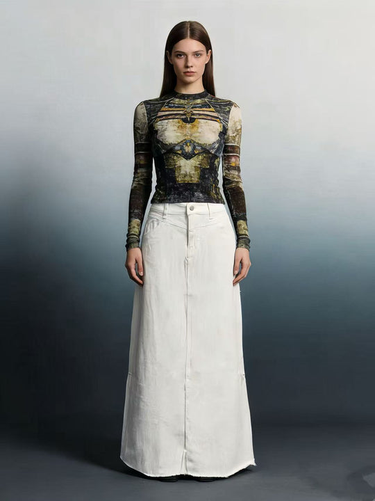 Damen nan langer High-Waist Denim-Maxirock mit gerader Silhouette und rohem Saum EB
