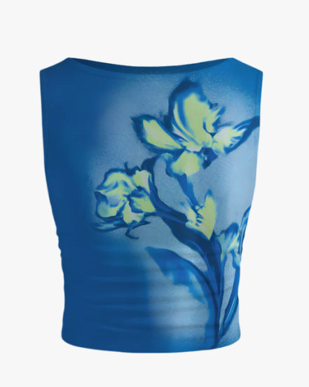 Damen ärmelloses Crop-Top mit floralem Motiv und figurbetontem Schnitt EB