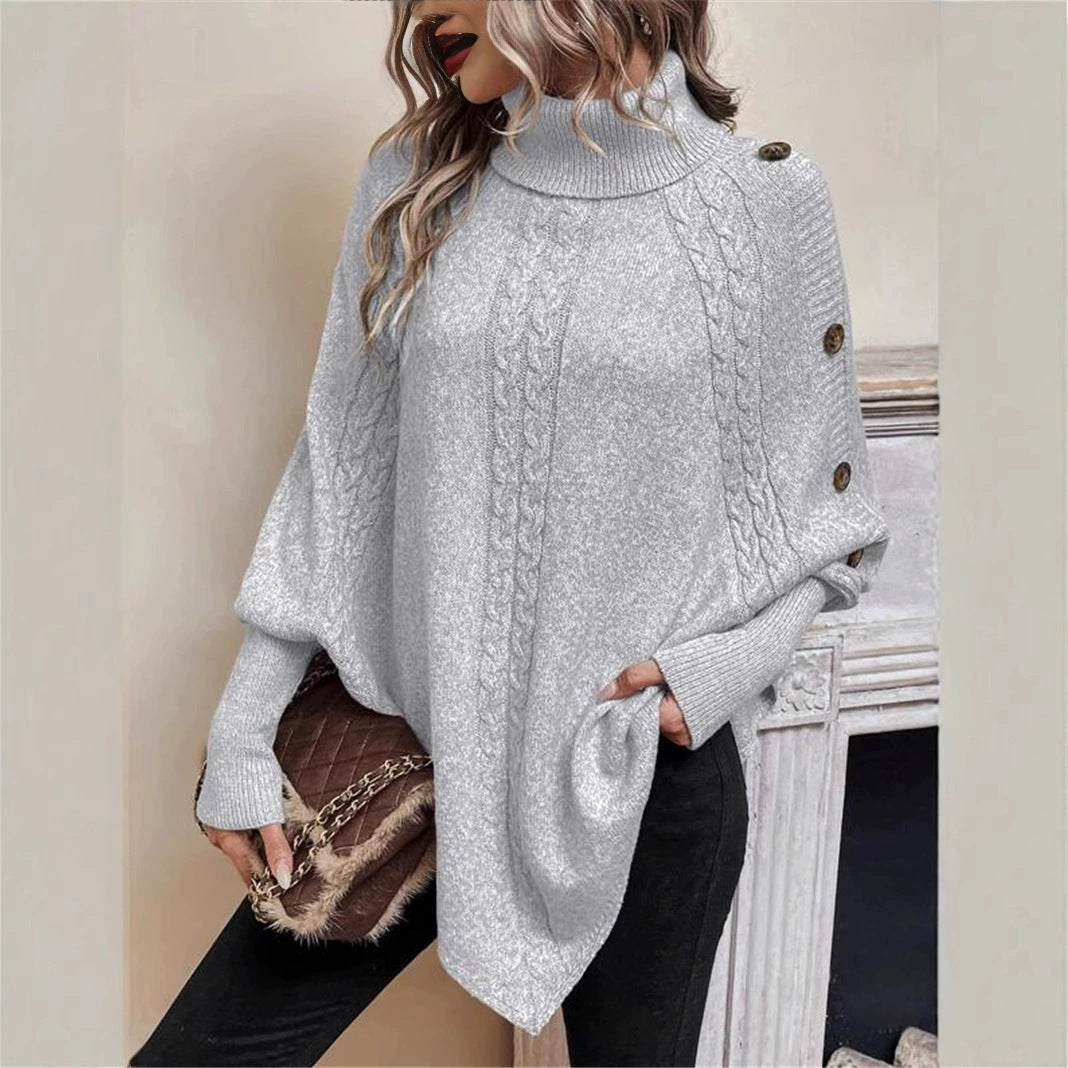 Damen Oversized Pullover mit hohem Kragen und dekorativem Zopfdesign EB